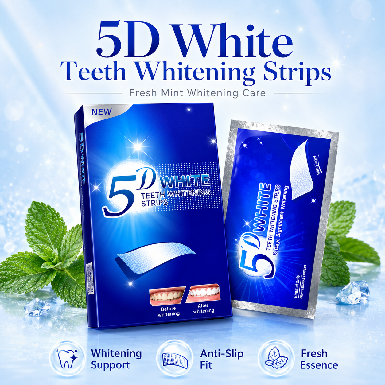 5D White Teeth Whitening Strips – Mint Flavor