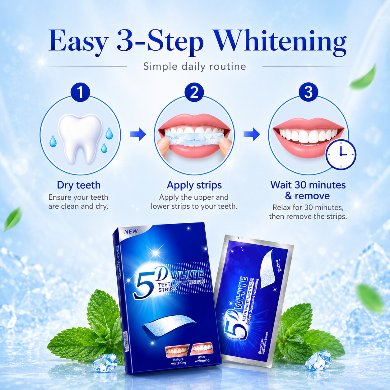 5D White Teeth Whitening Strips – Mint Flavor